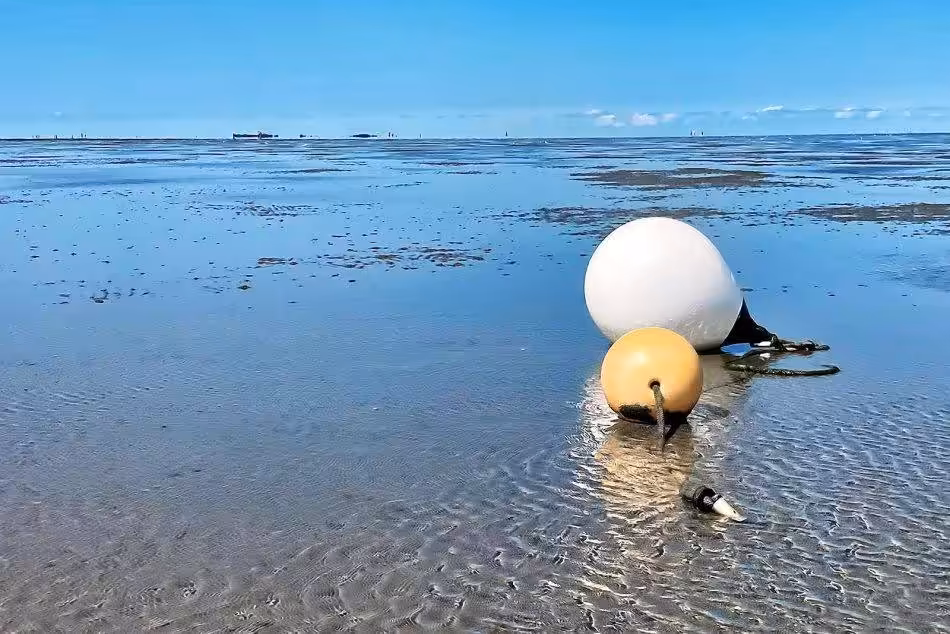 Several Buoys Anchored In The Tidal Flats Can Be Seen In The Foreground, While Neuwerk Appears On The Horizon.